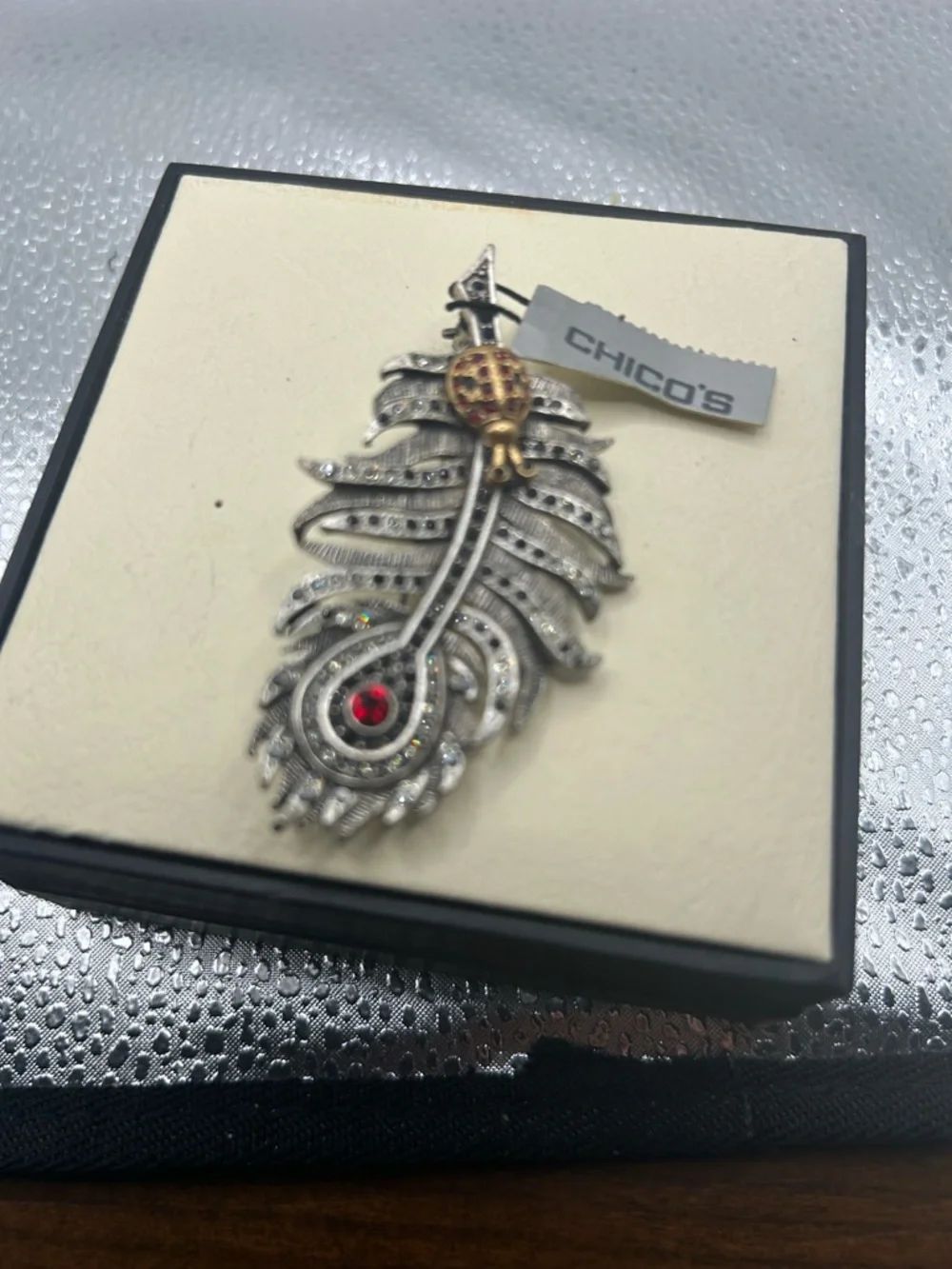 Chico’s peacock feather brooch art deco silver tone black red gold elegant